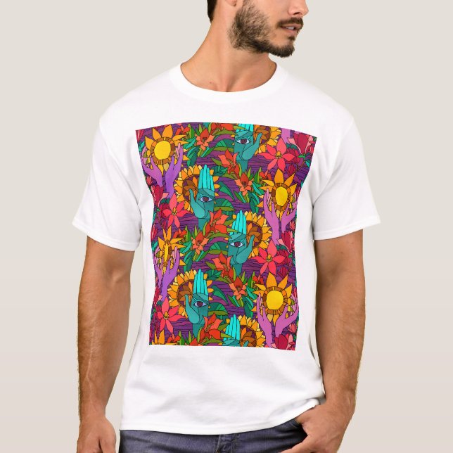 Fun pattern with flowers and hands T-Shirt (Front)