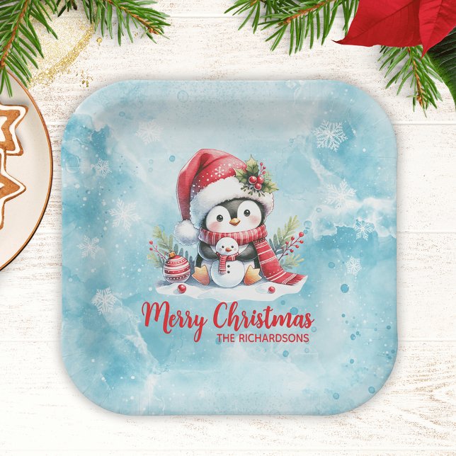 Fun Penguin Blue and Red Merry Christmas Paper Plate (Creator Uploaded)