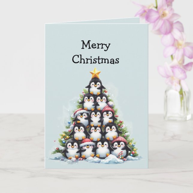 Fun Penguin Christmas Tree Greetings Card (Orchid)