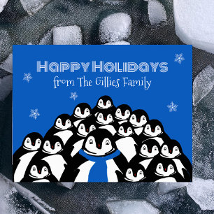 Fun Penguin Family Christmas Blue Postcard