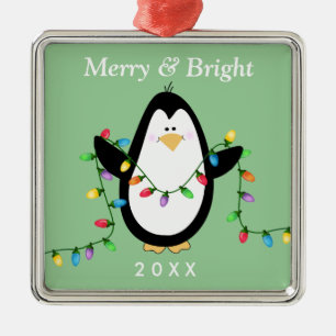 Fun Penguin Merry and Bright Square Metal Ornament