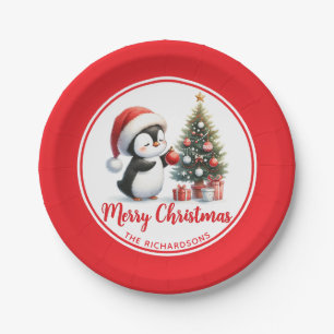 Fun Penguin Red White Custom Merry Christmas Paper Plate