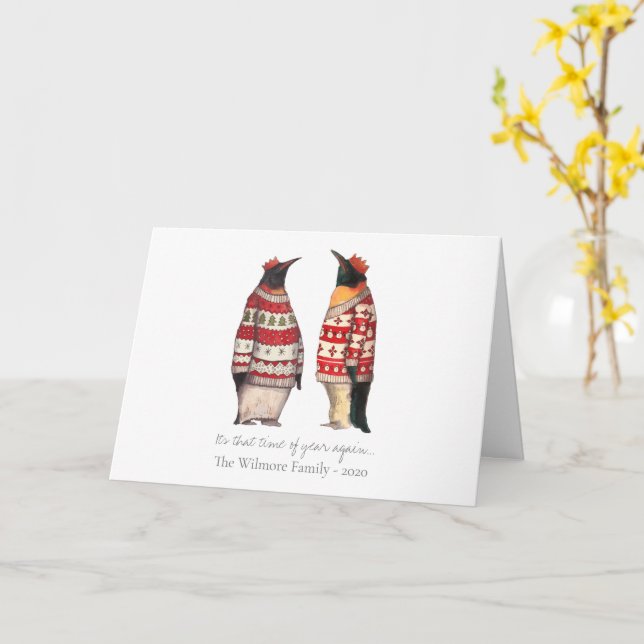 Fun Penguin winter holiday card, Christmas sweater Card (Yellow Flower)
