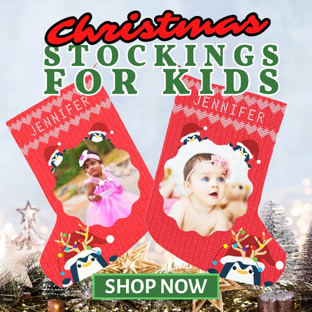 Fun Penguin Your Photo Name Cute Baby Toddler Red Small Christmas Stocking (Penguins Christmas Stockings for Kids and Toddlers with Custom Name & Photo Christmas Sweater Style)
