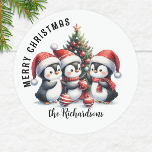 Fun Penguins Custom Family Name Merry Christmas Classic Round Sticker