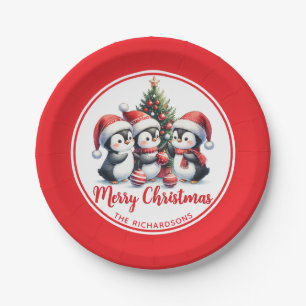 Fun Penguins White and Red Merry Christmas Paper Plate