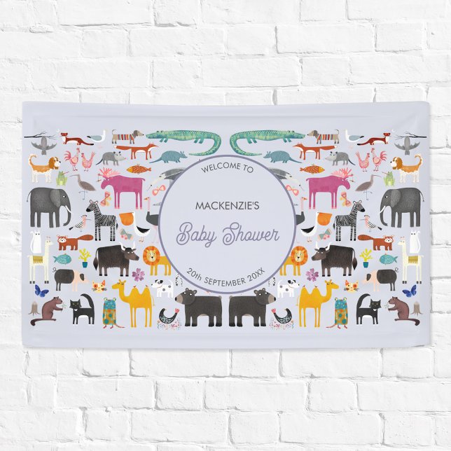 Fun Personalised Animal Baby Shower Banner (Jungle, safari, zoo, wild and pet animals and bird design baby shower welcome banner)