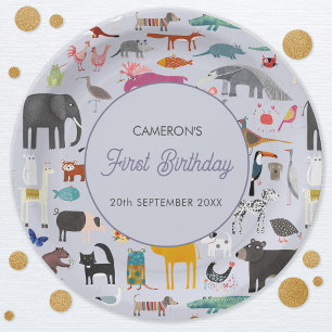 Fun Personalised Animal First 1st Birthday Paper Plate