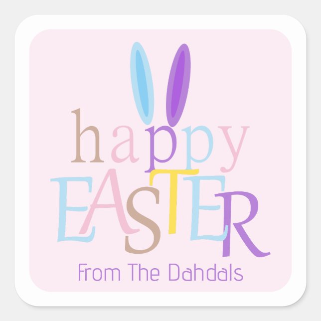 Fun Personalised Colourful Happy Easter Bunny Pink Square Sticker (Front)