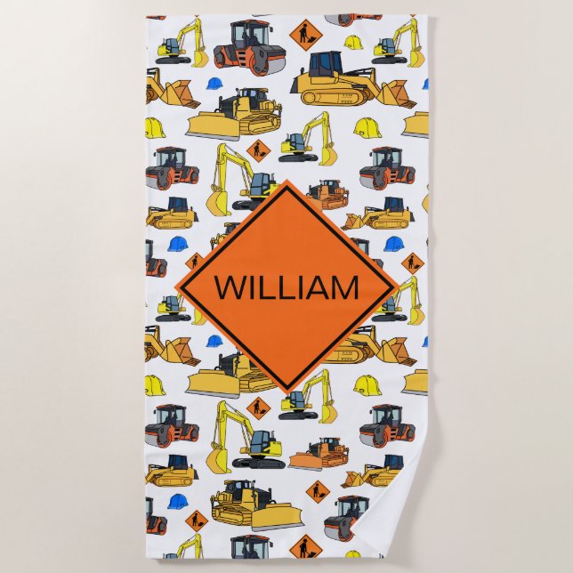 Fun Personalised Construction Vehicles Pattern Beach Towel (Front)