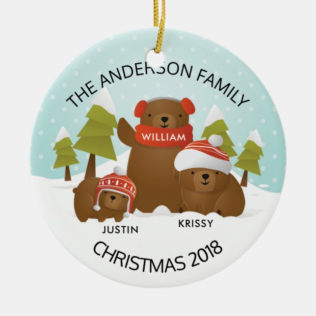 Fun Personalised Family Of 3 Bears Christmas Ceramic Ornament (Front)