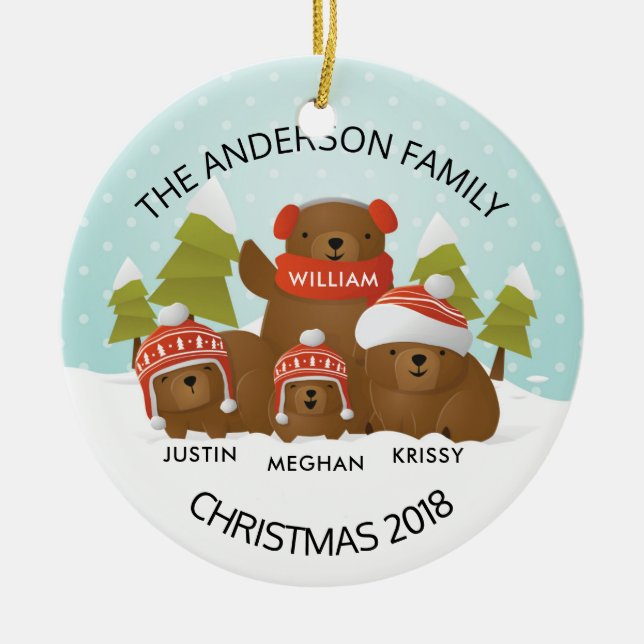 Fun Personalised Family Of 4 Bears Christmas Ceramic Ornament (Front)