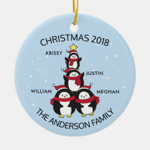 Fun Personalised Family Of 4 Penguins Christmas Ceramic Ornament