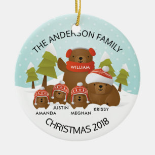 Fun Personalised Family Of 5 Bears Christmas Ceramic Ornament