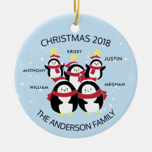 Fun Personalised Family Of 5 Penguins Christmas Ceramic Ornament