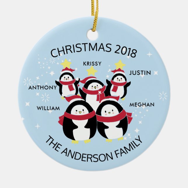 Fun Personalised Family Of 5 Penguins Christmas Ceramic Ornament (Front)