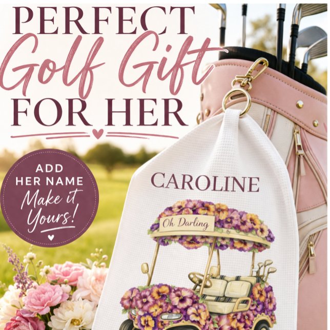 Fun Personalised Golf Towel for Her | Pink Floral (Personalised Floral Golf Towel Gift for Her)