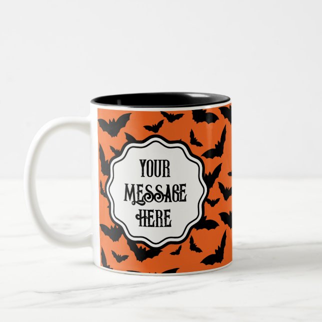 Fun Personalised Halloween Orange Black Bat Two-Tone Coffee Mug (Left)