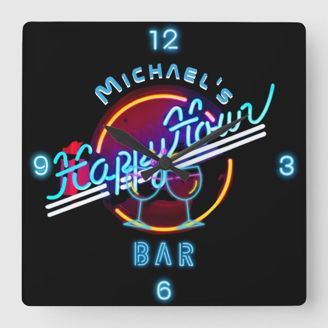 Fun Personalised Mancave Bar Den Happy Hour  Square Wall Clock (Front)