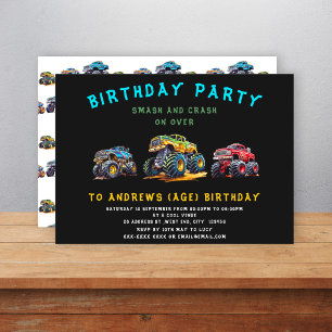 Fun personalised monster truck kids birthday  invitation