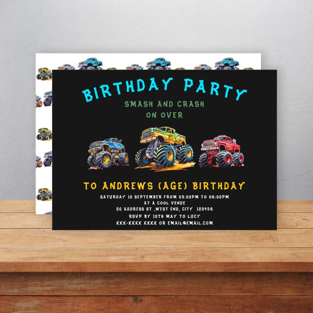 Fun personalised monster truck kids birthday  invitation (Creator Uploaded)