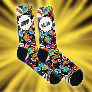 Fun Personalised Name Comic Book Black Socks