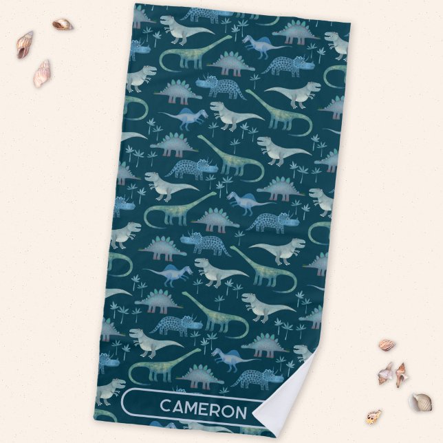 Fun Personalised Name Dinosaur Pattern Beach Towel (Fun prehistoric dinosaur pattern beach towel for paleontologists of all ages)