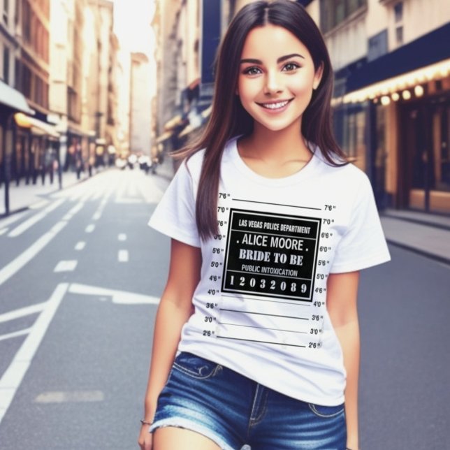 Fun personalised party police mugshot T-Shirt (Hilarious custom police mugshot parody sign, bride to be t-shirt.)