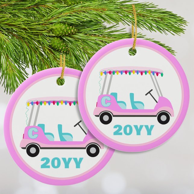 Fun Personalised Pink Golf Cart Holiday Lights  Ceramic Ornament (Fun cute and festive pink golf cart ornament personalized with your initial and the year. )