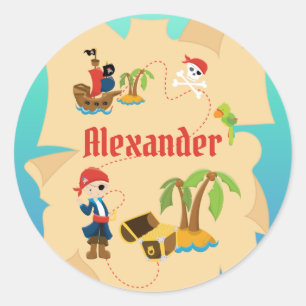 Fun Personalised Pirate Boy Treasure Map Classic Round Sticker