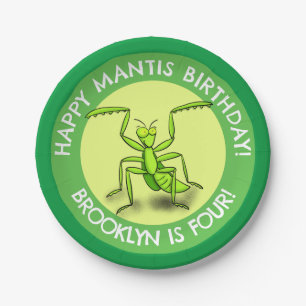 Fun personalised praying mantis cartoon birthday paper plate