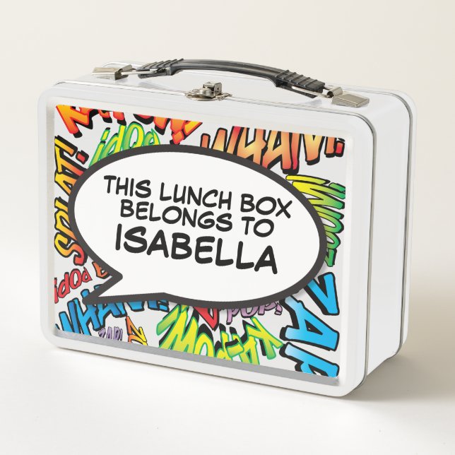 Fun Personalised Speech Bubble Saying Colourful Metal Lunch Box (Front)