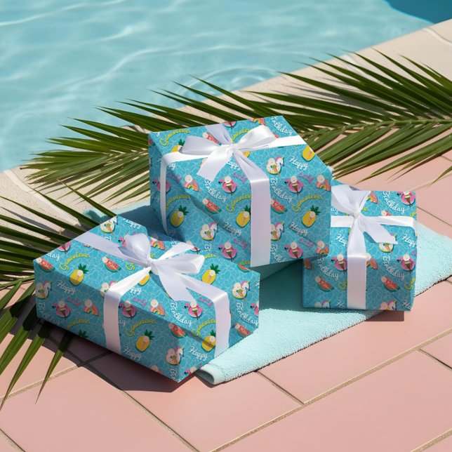 Fun Personalised Summer Pool Floats Birthday Party Wrapping Paper Sheet (Fun Personalized Summer Pool Floats Birthday Party Wrapping Paper Sheets)