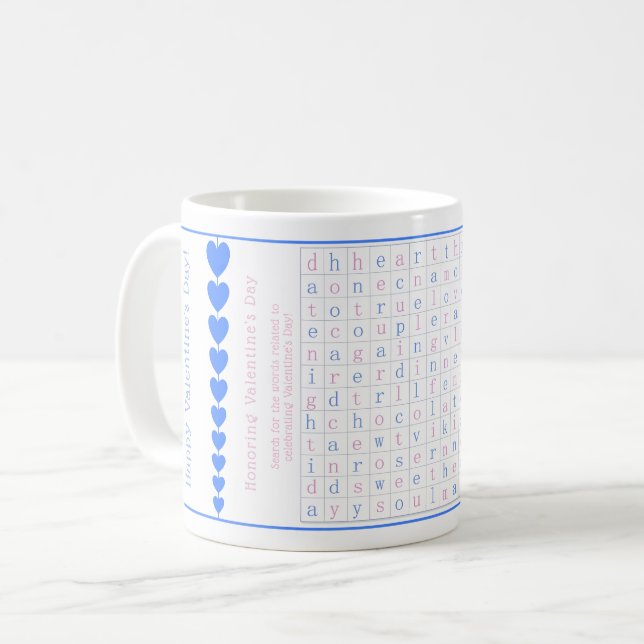 Fun Personalised Valentine's Word Puzzle Pink Blue Coffee Mug (Front Left)