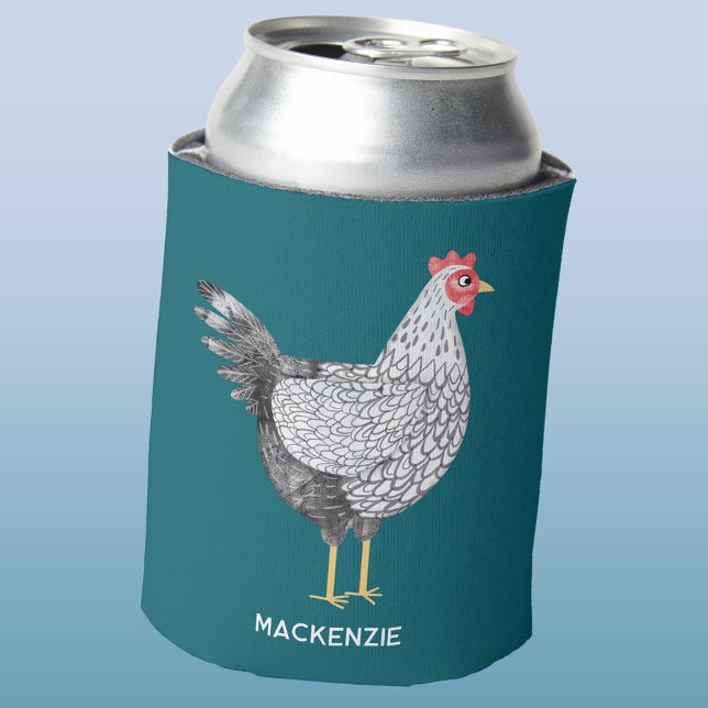 Fun Personalised Watercolor Wyandotte Chicken Can Cooler (Fun watercolor Wyandotte chicken hen personalized name custom text can cooler)