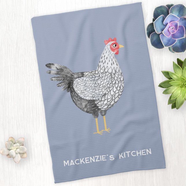 Fun Personalised Watercolor Wyandotte Chicken Tea Towel (Wyandotte Chicken watercolor hen personalized name custom text kitchen tea towel)