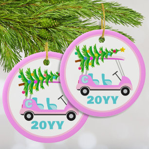 Fun Personalized Pink Golf Cart Christmas Tree Ceramic Ornament