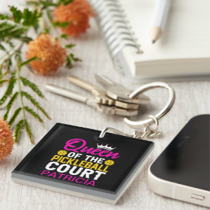 Fun Personalized Queen of the Pickleball Court Key Ring