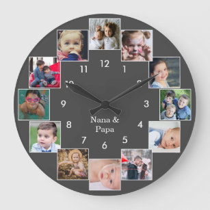 Fun Photo Collage Family Grey Large Clock