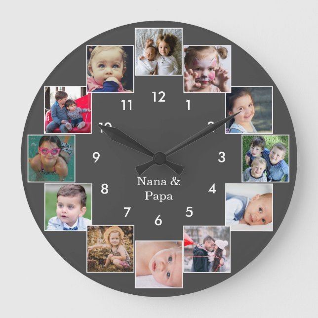 Fun Photo Collage Family Grey Large Clock (Front)