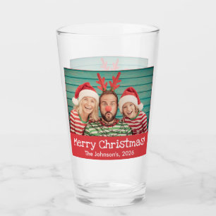 Fun Photo Merry Christmas Rustic Red with Name Glass
