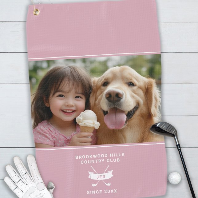 Fun Photo Modern Monogrammed Golfer Club Pro Pink  Golf Towel (Creator Uploaded)