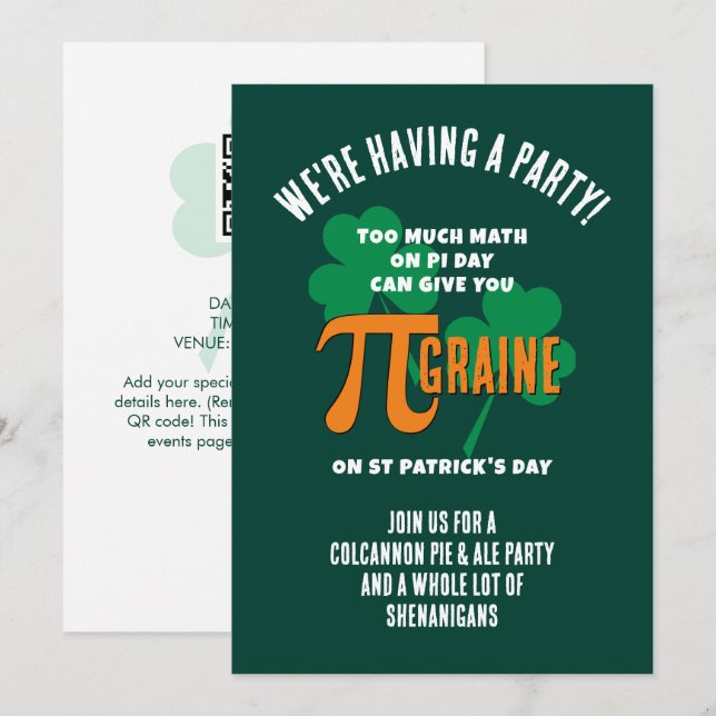 Fun Pi Day St Patricks Day QR Code Party Invitation (Front/Back)