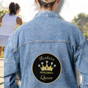 Fun Pickleball Queen Crown Initial Name Denim Jacket