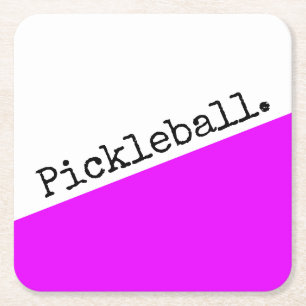 Fun PICKLEBALL Text Bright Pink White Colour Block Square Paper Coaster