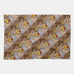 fun picture of chopped veg prep for dinner tea towel