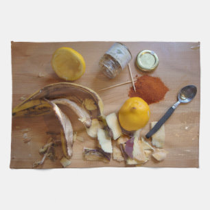fun picture of cooking ingredientsfor dinner tea towel
