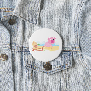 Fun Pig on Farm with Barn and Fence 7.5 Cm Round Badge