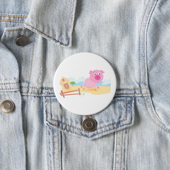Fun Pig on Farm with Barn and Fence 7.5 Cm Round Badge (Creator Uploaded)