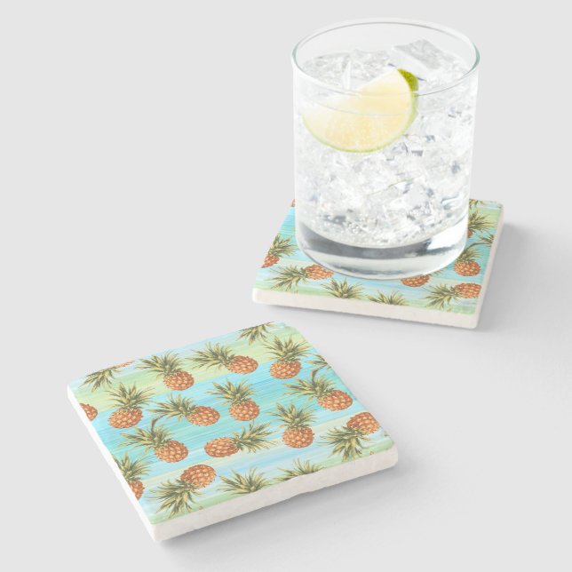 Fun Pineapple Fruit Pattern Watercolor Art Stripes Stone Coaster (Side)